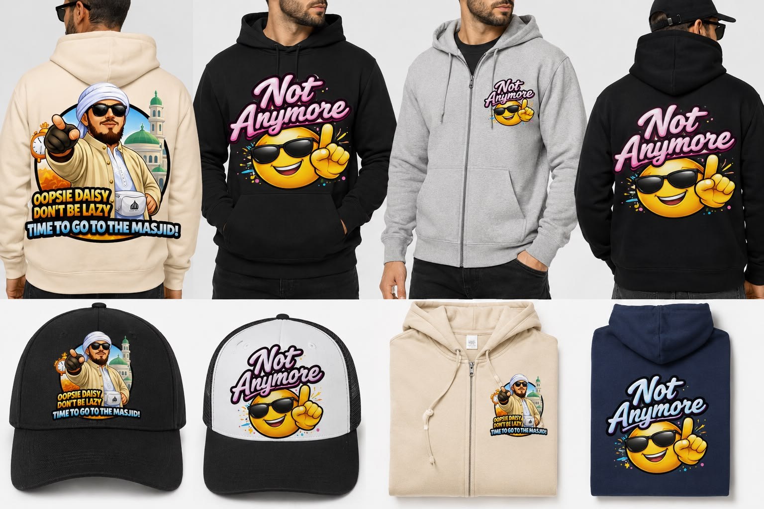 The first drop: “Not Anymore” and “Masjid Reminder” hoodies, zip-hoodies and caps